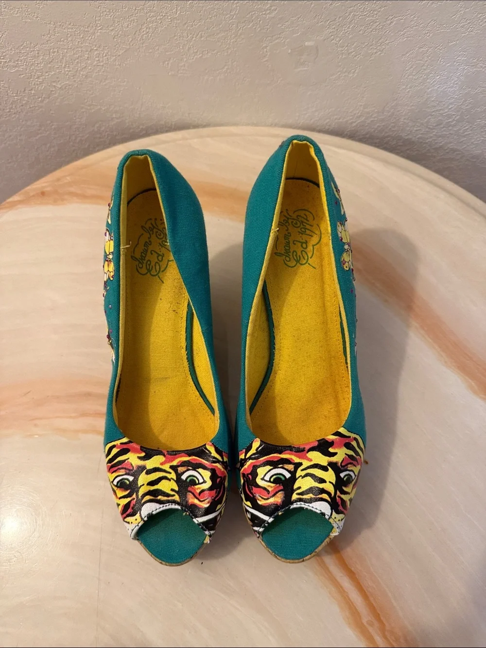 Ed Hardy Women’s Teal Butterfly Print Cork Wedge